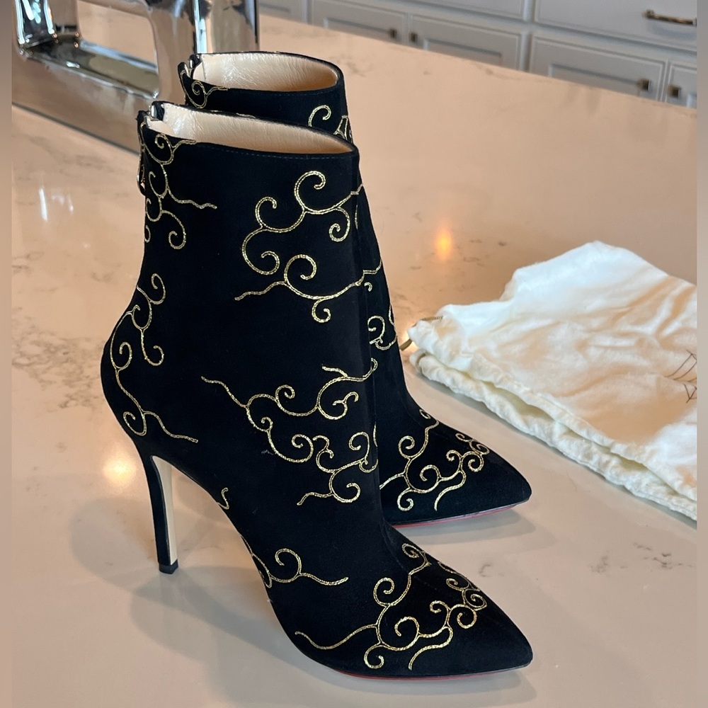 Charlotte Olympia Betsy Black and Gold Stilleto Boots with Artistic Embroidery